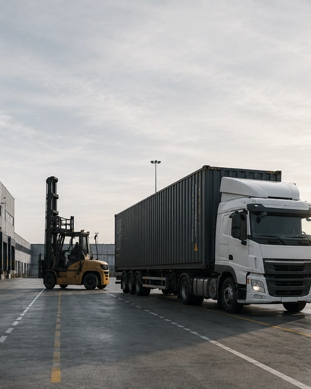 Konteyner kamyonu ve forklift, lojistik saha